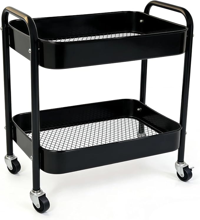 2 Tier Metal Rolling Utility Cart with Wheels Under Desk Storage Cart with Handle, Roll Around Organizer Trolley for Small Space Pantry Bathroom Home Kitchen Office Snack Baby Supplies, Black