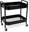 2 Tier Metal Rolling Utility Cart with Wheels Under Desk Storage Cart with Handle, Roll Around Organizer Trolley for Small Space Pantry Bathroom Home Kitchen Office Snack Baby Supplies, Black