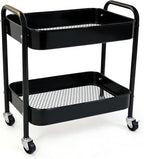 2 Tier Metal Rolling Utility Cart with Wheels Under Desk Storage Cart with Handle, Roll Around Organizer Trolley for Small Space Pantry Bathroom Home Kitchen Office Snack Baby Supplies, Black