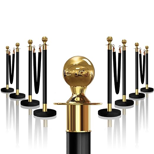 8PCS Black-Gold Stanchions Posts with 4PCS 5 ft Red Velvet Rope, Red Velvet Rope Stanchion Set Crowd Control Barriers, Stanchions and Velvet Ropes Red Carpet Poles for Party Supplies