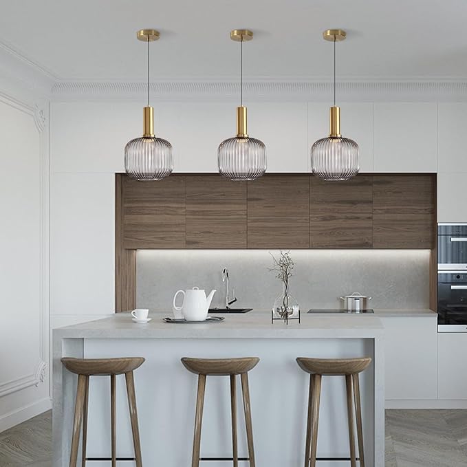 KCO Lighting Mid Century Smoke Glass Pendant Light Antique Brass Kitchen Island Pendant Lighting Modern Striped Glass Globe Hanging Light Large Industrial Pendant Light Fixture