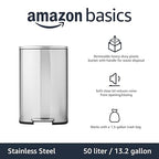 Amazon Basics Smudge Resistant Rectangular Trash Can With Soft-Close Foot Pedal, Brushed Stainless Steel, 50L/13.2 Gal, 16.7x14.7x25.9 in, Satin Nickel Finish