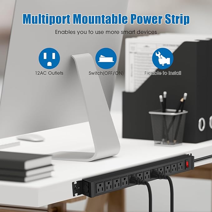 HHSOET Rotating Mountable Power Strip, 12 Outlet Wall Mount Surge Protector, Metal Heavy Duty and Versatile Outlet Strip, Stylish Appearance, Sturdy and Durable, 3ft Power Cord.(Black)