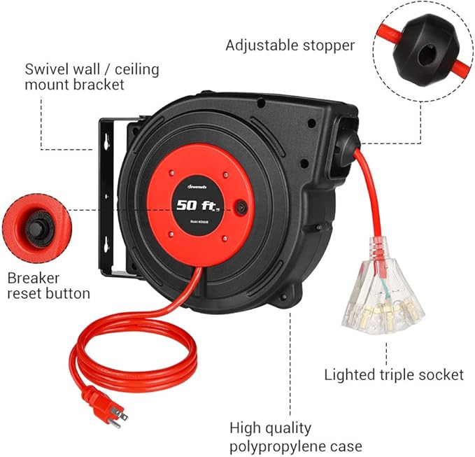 DEWENWILS Retractable Extension Cord Reel, 50FT Power Cord Reel with 14AWG/3C SJTOW, 13A Circuit Breaker, Wall/Ceiling Mounted, 3-Lighted Triple Outlets for Garage, Workshop, UL Listed, Red
