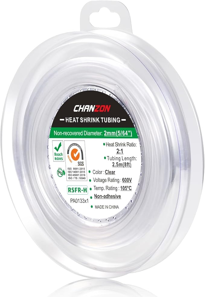 Chanzon 2:1 Ratio 5/64" (2mm) Heat Shrink Tubing 8Ft Roll (2.5M Total Length) Clear/Transparent Polyolefin Sleeving Wrap Shrinking 2 to 1 1pcs