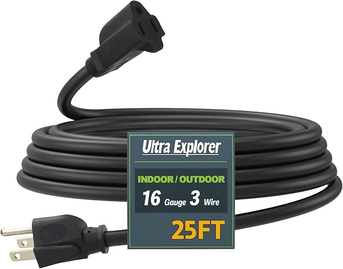 25 Ft Indoor Outdoor Black Extension Cord, 16/3 SJTW Heavy Duty Water-Resistant, 3 Prong Grounded Plug Power Cord for Home Appliance, Lights and Lawn, 13A 1625W, UL Listed
