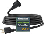 25 Ft Indoor Outdoor Black Extension Cord, 16/3 SJTW Heavy Duty Water-Resistant, 3 Prong Grounded Plug Power Cord for Home Appliance, Lights and Lawn, 13A 1625W, UL Listed