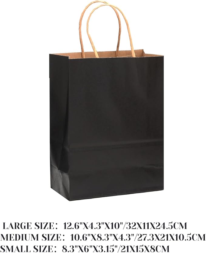 qiqee 100-Packs Black Paper Gift Bags with Handles Bulk Assorted Sizes(33pcs Large 13", 33pcs Medium 11", 34pcs Small 8")