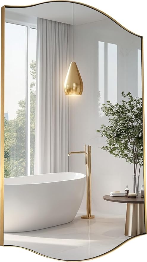 ANDY STAR Gold Bathroom Mirror, 24"x36" Brushed Brass Scalloped Wall Mirror in Stainless Steel Metal Frame, Unique Vanity Mirror with Modern Curved Edge Design, Ideal for Bathroom, Bedroom, Entryway