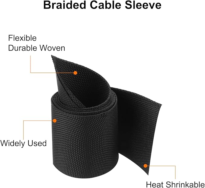 MECCANIXITY Braided Cable Sleeves Heat Shrinkable Fabric Sleeving, 2" 3ft Black 2:1 Ratio Heat Shrinkable Cord Protector for Harness Cable, Network Cable Protection, Cable Management