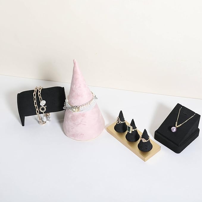 GemeShou Velvet bracelet display stand for selling, pink jewelry bangle holder with golden base, felt bracelet storage organizer for nightstand home decor【Bracelet holder-pink】