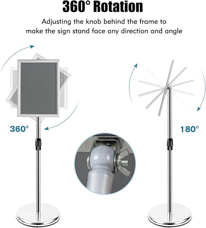 Adjustable Sign Stand for Display, Pedestal Floor Signage Stand Holder with Heavy Duty Base, for Outdoor or Indoor Advertising (11 x 17, Silver)