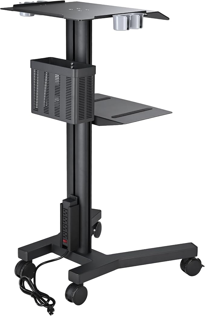 AW Mobile Laptop Cart Medical Rolling PC Stand Computer Workstation on Wheels with Handle 220 Lbs Capacity CPU Printer Power Strip Holder for Lap School Office Salon Spa Dental