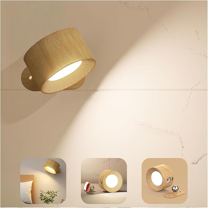 Battery Operated Wall Light, LED Wall Sconce with 3 Color Modes 3 Brightness Levels 360°Rotation Lighting Touch Control, Wall Mounted Lamp Cordless Wall Lamp for Bedroom Reading Bedside-1Pack