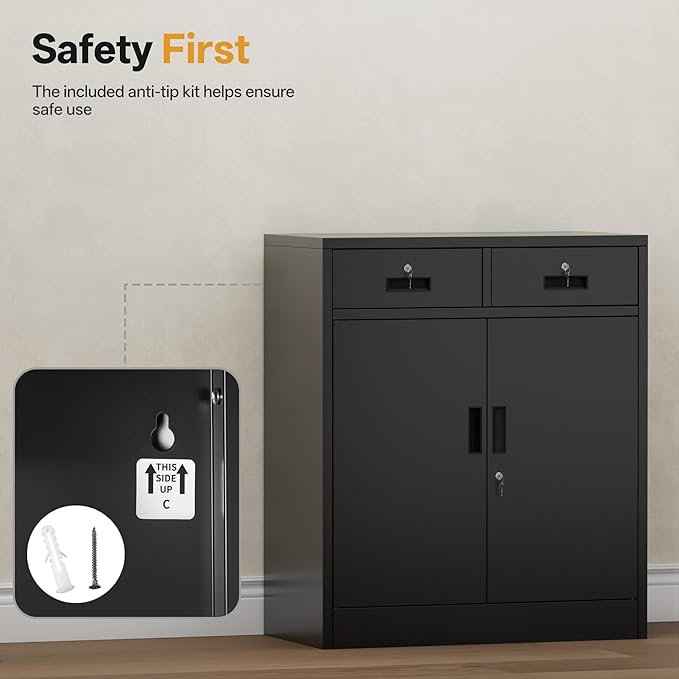 Metal Storage Cabinet, 36 Inch Tall Metal Garage Cabinet with 2 Doors and 2 Drawers, Lockable Cabinet with Adjustable Shelf, Pantry Cabinets for Home Office,Kitchen,Pantry,Garage,Warehouse