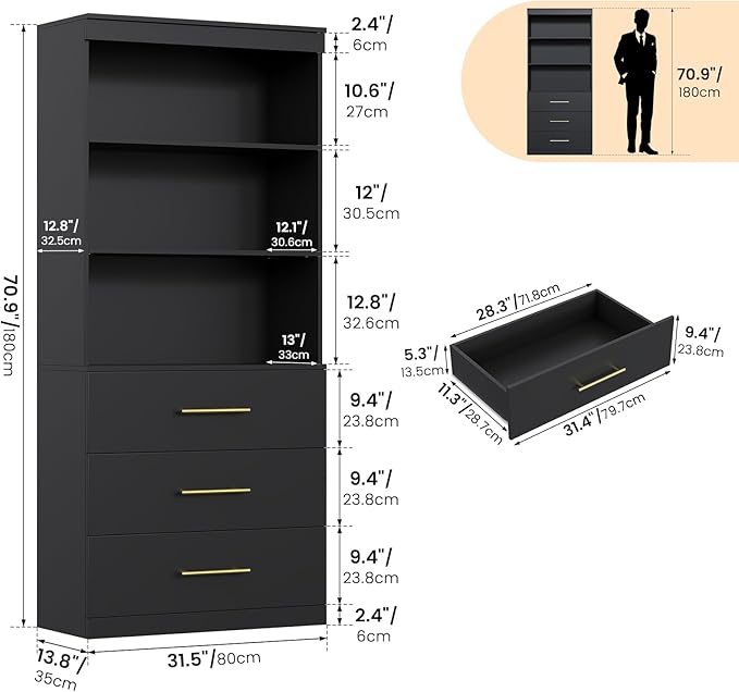 Winkalon 71" Tall Black Bookshelf with Drawers, Bookcase and Bookshelf with 3-Tier Open Shelves, Tall Bookcase Tall Storage Cabinet for Home Office Living Room, 15.8" D x 31.5" W x 71" H