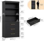 Winkalon 71" Tall Black Bookshelf with Drawers, Bookcase and Bookshelf with 3-Tier Open Shelves, Tall Bookcase Tall Storage Cabinet for Home Office Living Room, 15.8" D x 31.5" W x 71" H