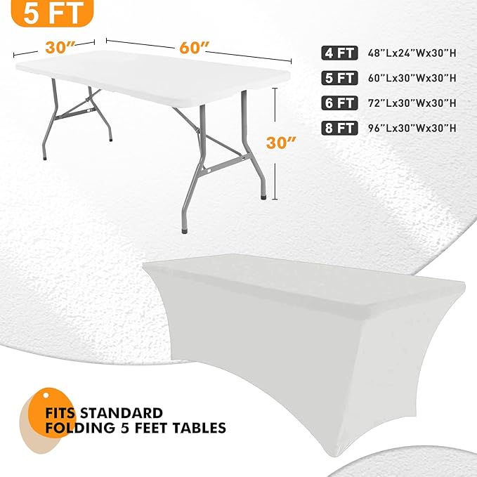 Spandex Table Cover 2 Pack 5FT White Fitted Tablecloths,Washable Wrinkle Resistant Stretch Table Cloth Rectangle for Party Hosting Supplies,Wedding Decorations,Vendor Display,Banquet