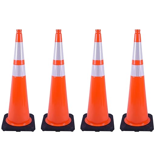 4 Pack 36 Inch Orange PVC Traffic Cones Black Base Stable Large Size, Highway Traffic Outdoor Construction Safety Warning Cones (4, Orange, 36 Inch)