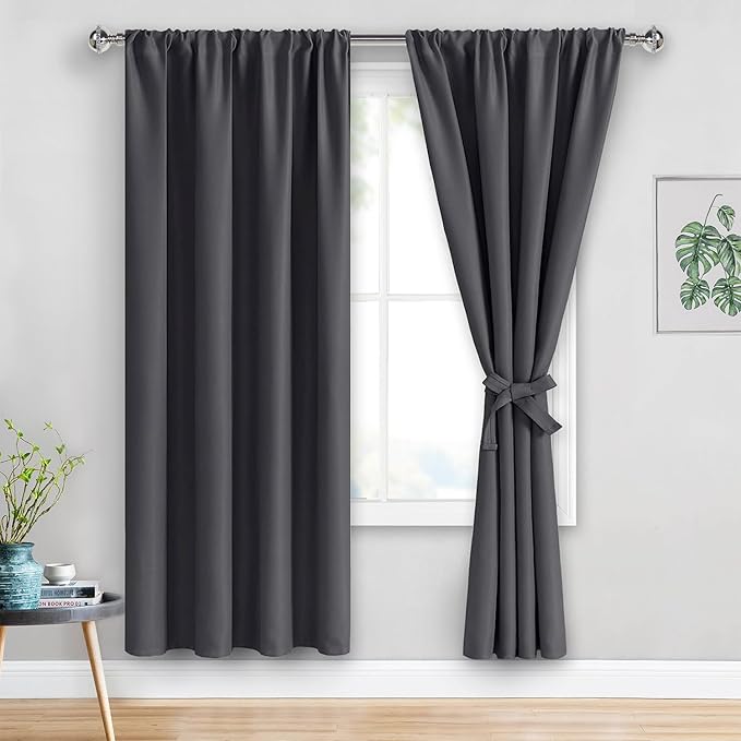 JIUZHEN Blackout Curtains for Bedroom - Thermal Insulated Room Darkening Rod Pocket Curtains for Living Room, Set of 2 Panels with Tiebacks, 52 x 72 Inch Length, Dark Grey
