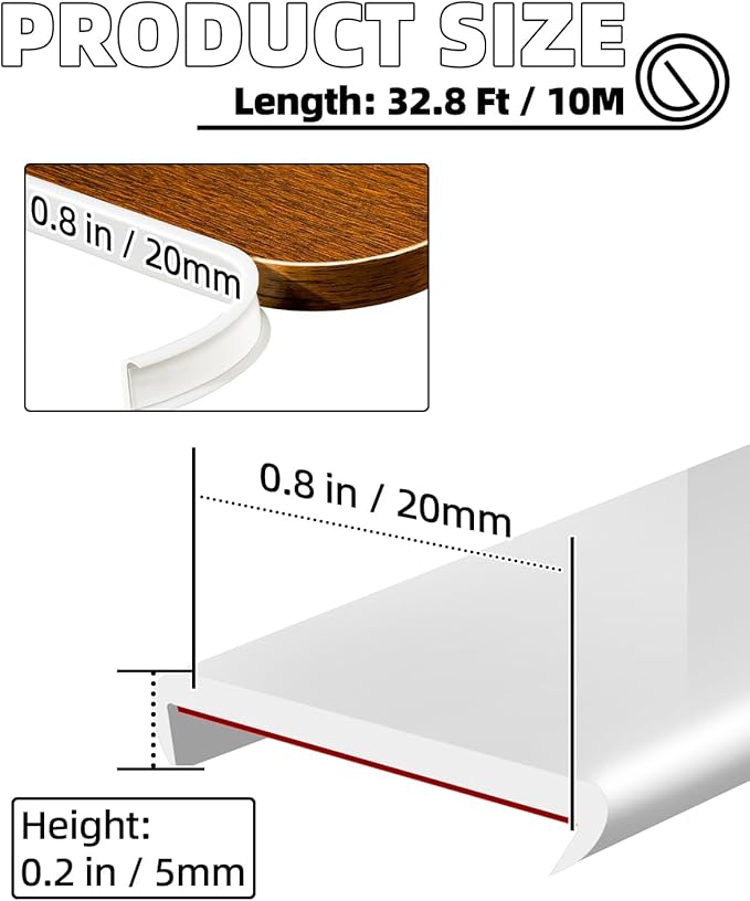 U-Shape White TPE Edge Banding 32.8Ft Self-Adhesive Flexible Edge Trim, Furniture Edge Protector & Countertop Molding (W:0.8'' H:0.2'')