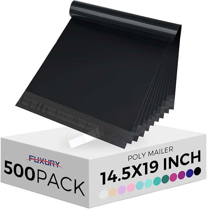 Fuxury 500 Pcs Poly Mailers 14.5x19 Inch, Bulk Shipping Bags for Clothing, Strong Adhesive Shipping Envelopes for Small Business Suppliers,Waterproof Mailers Poly Bags Mailing Envelopes Balck
