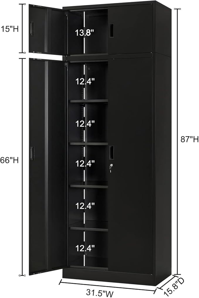 BESFUR Metal Storage Cabinet 87" H,Tall Locking Storage Cabinets with Top Cabinet and 4 Adjustable Shelves for Home Office, Garage,School, Apartment, Warehouse, Utility Room，Black