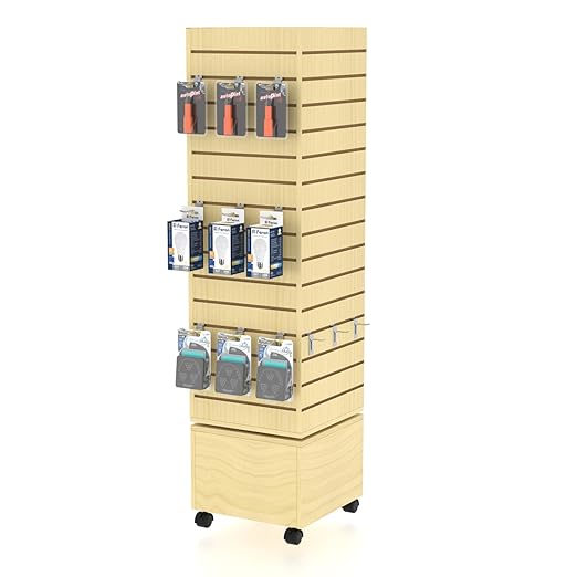 16”W * 16”D * 60”H Maple Color Finish Slatwall Tower - Rotating and Rolling - Slatwall Display Tower - Rotating Spinner Rack for Store Fixtures and Display Retail - Boutique, Home