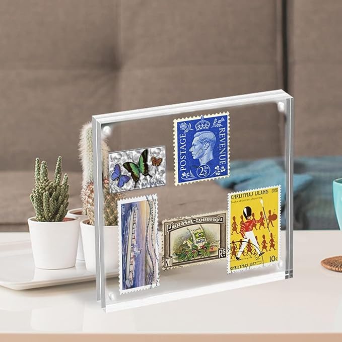ILYXY 5 Pack Acrylic Frame 4x4, 20% Thicker, 20mm Thick Frameless Clear Picture Frame, Double Sided Magnetic Photo Frame, Free Standing Desktop Display Stand Acrylic Picture Frames