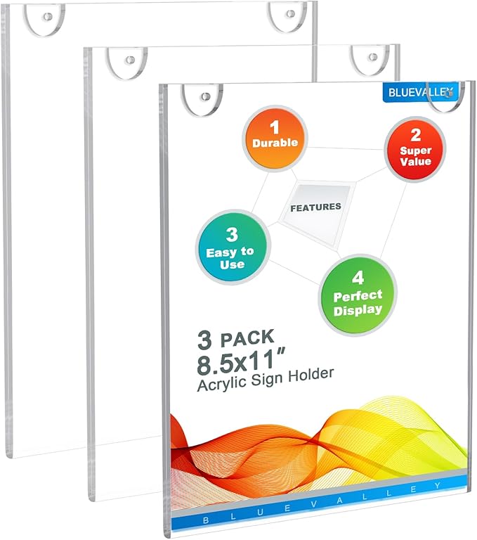 BlueValley 3 Pack Acrylic Sign Holder 8.5x11 Wall Mount Portrait – Clear Menu, Flyer & Picture Frame with Screws & Adhesive Tape, Wall Mounted Document Display for Office, School, Restaurant, Hotel, Public Space