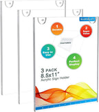 BlueValley 3 Pack Acrylic Sign Holder 8.5x11 Wall Mount Portrait – Clear Menu, Flyer & Picture Frame with Screws & Adhesive Tape, Wall Mounted Document Display for Office, School, Restaurant, Hotel, Public Space