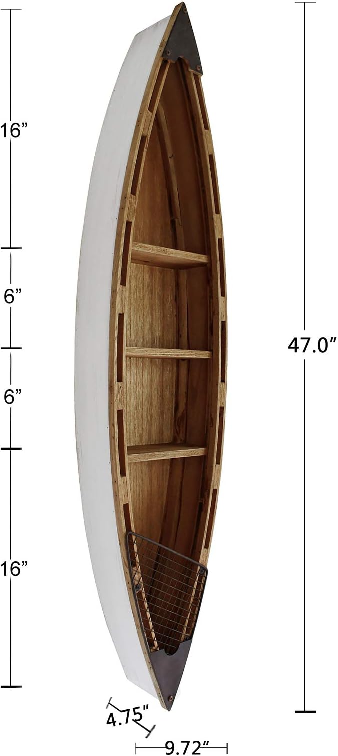 E-view Solid Wood Hanging Boat Shelf Decorative Nautical Wall Decor Beach Themed Bookcase Large Wooden 3-Tier Display Shelves for Home Kitchen Bedroom Living Room