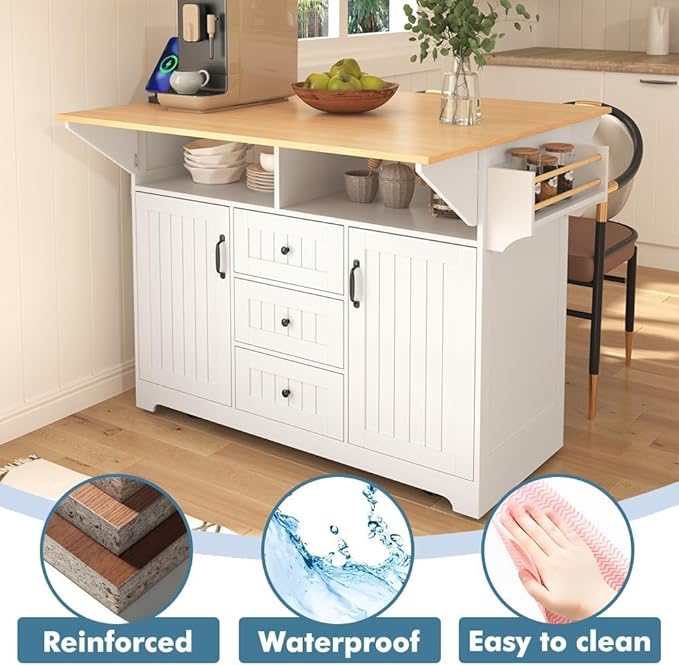 Kitchen Island with 2 Drop Leaf, Home Cart Island on Wheels Foldable Dining Table with Power Outlets,3 Drawers,Storage Cabinet, Tower Rack(White)
