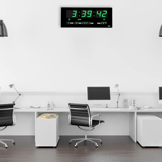 14.1 Inch Oversized LED Digital Wall Clock with Indoor Temperature, Seconds, Date, Day, Memory Function Adapter Included, Wall Decorative for Living Room, Office, Conference Room, Bedroom，Green