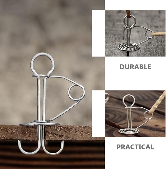 Mikinona 5Pcs High-Strength Tent Deck Pegs with Spring Buckles Silver Stainless Steel Tent Anchor Hooks for Secure Wind-Resistant Camping Canopy and Awning Fixing