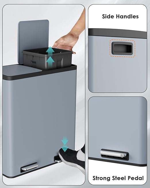 Arlopu Dual Trash Can, 2 x 8 Gallon (2 x 30 L) Hands-Free Trash and Recycle Bin Combo, Stainless Steel Kitchen Garbage Can with Soft-Close Lid, Removable Inner Buckets, Step Pedal, Airtight(Haze Blue)