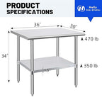 Hally Stainless Steel Table for Prep & Work 30 x 36 Inches, NSF Commercial Heavy Duty Table with Undershelf and Galvanized Legs for Restaurant, Home and Hotel