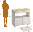 Rolling Kitchen Island with Storage Cabinet, 35.4'' Width Kitchen Cart, 2 Drawers Island Table, Portable Mobile Kitchen Island with Towel Rack, Wood Top and Lockable Wheels, White