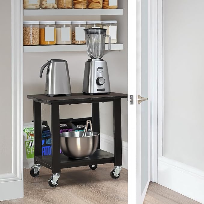 SunnyPoint 2-Tier Under Desk Printer Stand with Storage Shelf and Steel Frame, Industrial Mobile Printer Cart Holder with Lockable Improved Industrial Wheels for Home and Office (BLK)