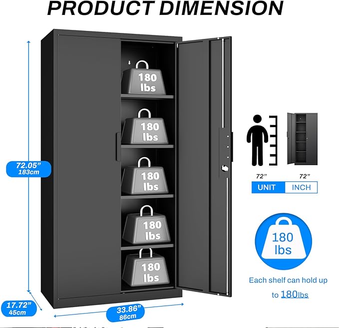 Metal Garage Storage Cabinet with Lock, 72" Tall Steel Storage Locker with 4 Adjustable Shelves, Heavy Duty Metal Cabinet for Garage, Office, Home, Black