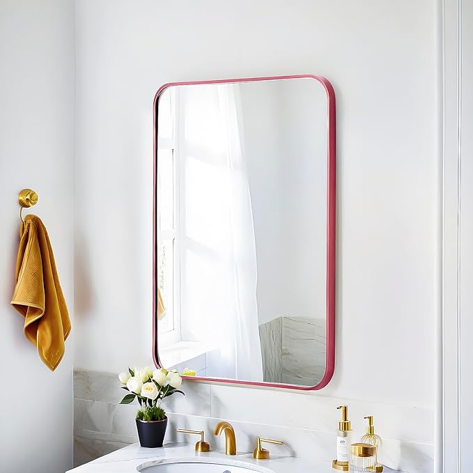30x20 Mirror Rectangle Wall Mounted Aluminum Metal Frame Square Mirrors for Entryway Girl Bedroom Bathroom Living Room 30 20 inch Pink Rose Gold
