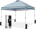 CROWN SHADES 10x10 Pop Up Canopy - Beach Tent with One Push Setup - Easy Outdoor Sun Shade for Events, Parties, Camping - Gazebo with STO-N-Go Cover Bag, Silver Coated Top, Cyan Blue Stripes