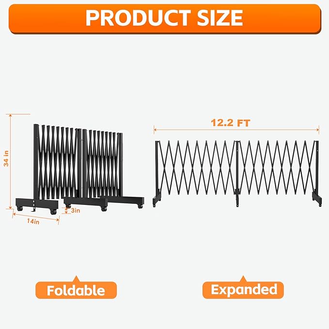 12.2FT Black Industrial Metal Expandable Barricade，Retractable Traffic Fence with Casters, Folding Security Gate，Portable Barricade Gate for Construction Area, Traffic Control, Cordon