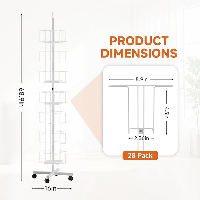 TONGMO 7-Tier Greeting Card Display Rack: 28-Pocket Rotating Countertop Stand for Postcards, Brochures, and Greeting Cards (White, 68.9”H)