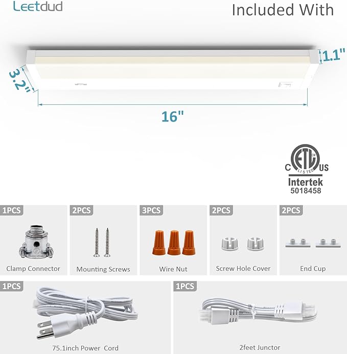 LED Under Cabinet Lighting Hardwired or Plug in, 16 Inch 8W, Dimmable 5 Color 2700K/3000K/3500K/4000K/5000K, Linkable Eyes Care Design Counter Lights for Kitchen, Sink, ETL Listed, White