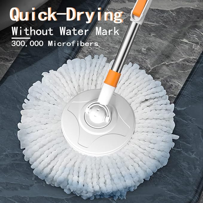 Spin Mop Bucket with Wringer System Extended Mop Handle 61＂Mop and Bucket for Floors Cleaning with 5 Replacement Head Refill 1 Cleaning Brush Head