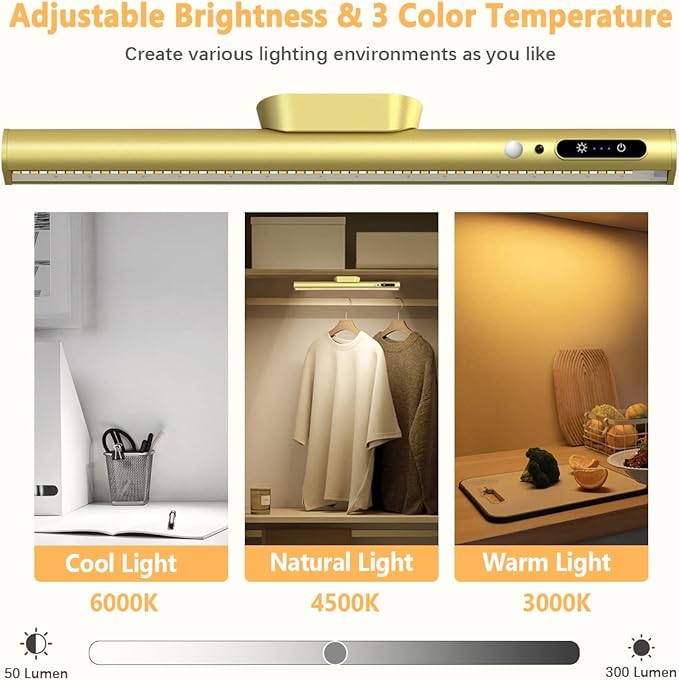 Battery Powered Operated Wall Strip Lights, Motion Sensor LED Light Bar Indoor, Rechargeable Magnetic Under Cabinet Lighting Wireless with Remote Control for Picture Closet Room – Gold