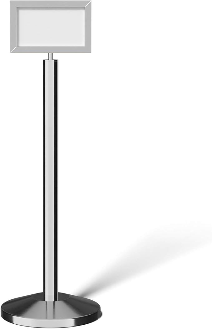 Crowd Control Warehouse Pedestal Standing Floor Sign Frame with Sloped Base, 7x11 Inch Horizontal, Polished Stainless Steel
