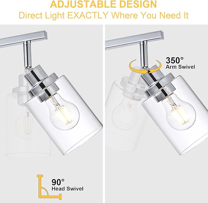 3-Light Track Lighting Kit Ceiling Kitchen Track Lighting Fixtures Chrome Bathroom Vanity Wall Lights with Clear Glass Multi-Directional Rotating Tracking Light Heads Spotlight for Accent Shop