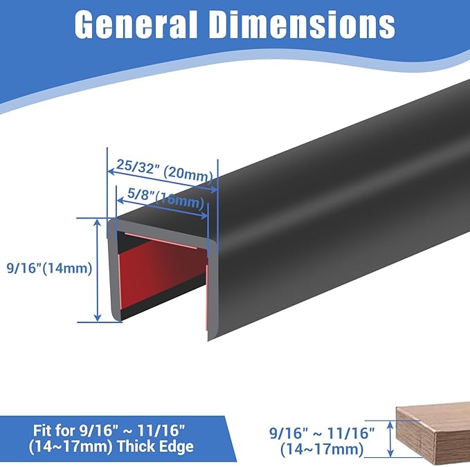 Rubber Edge Trim, Self-Adhesive U Channel Edge Protector for Plywood, Cabinet, 5/8" Wood Edge Banding, Flexible Furniture Repair, EPDM Material, Fit 5/8"(16mm), Length 20Ft, Black Color